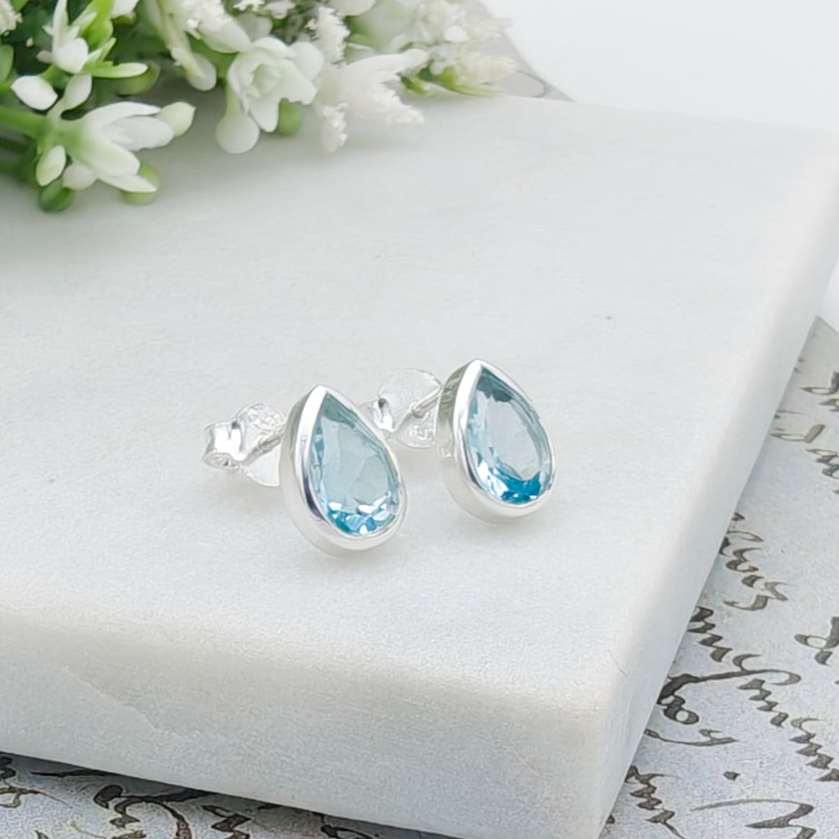 Blue Topaz Stud Earrings | 10mm Teardrop | November Birthstone  | Sterling Silver