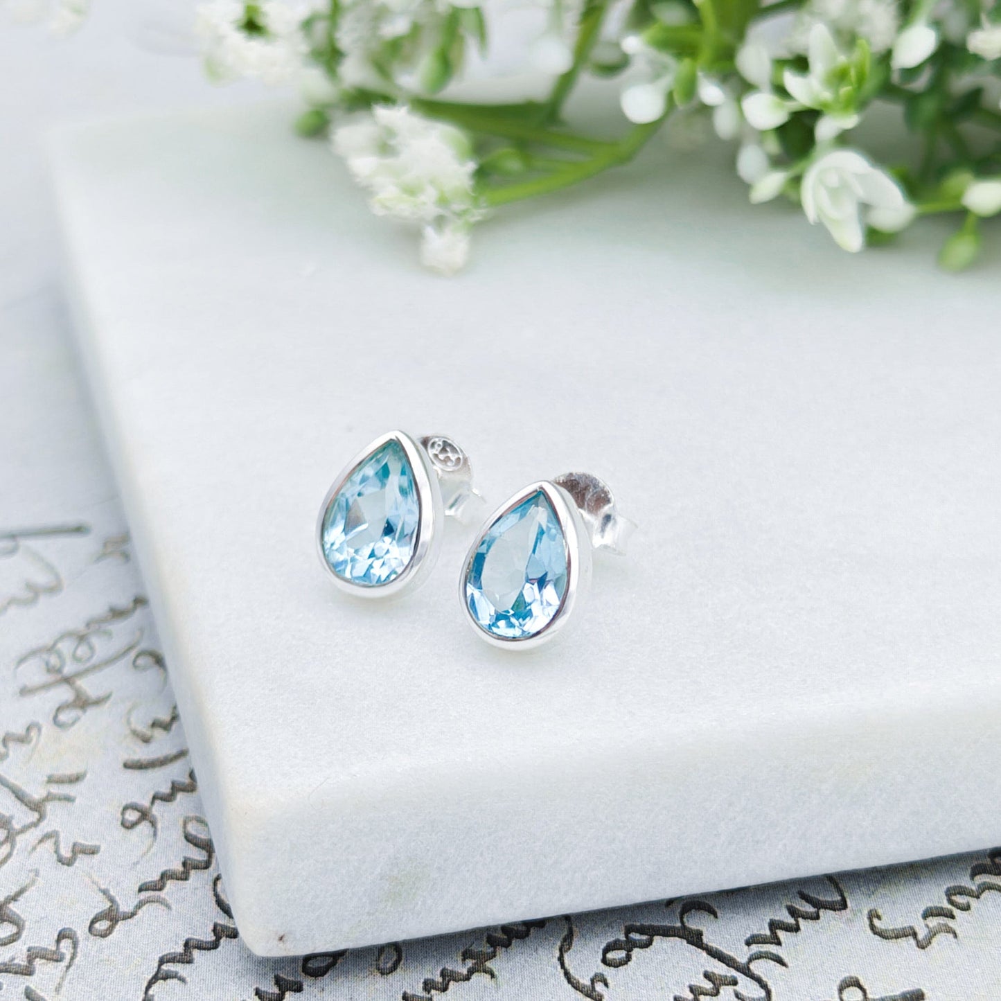 Blue Topaz Stud Earrings | 10mm Teardrop | November Birthstone  | Sterling Silver