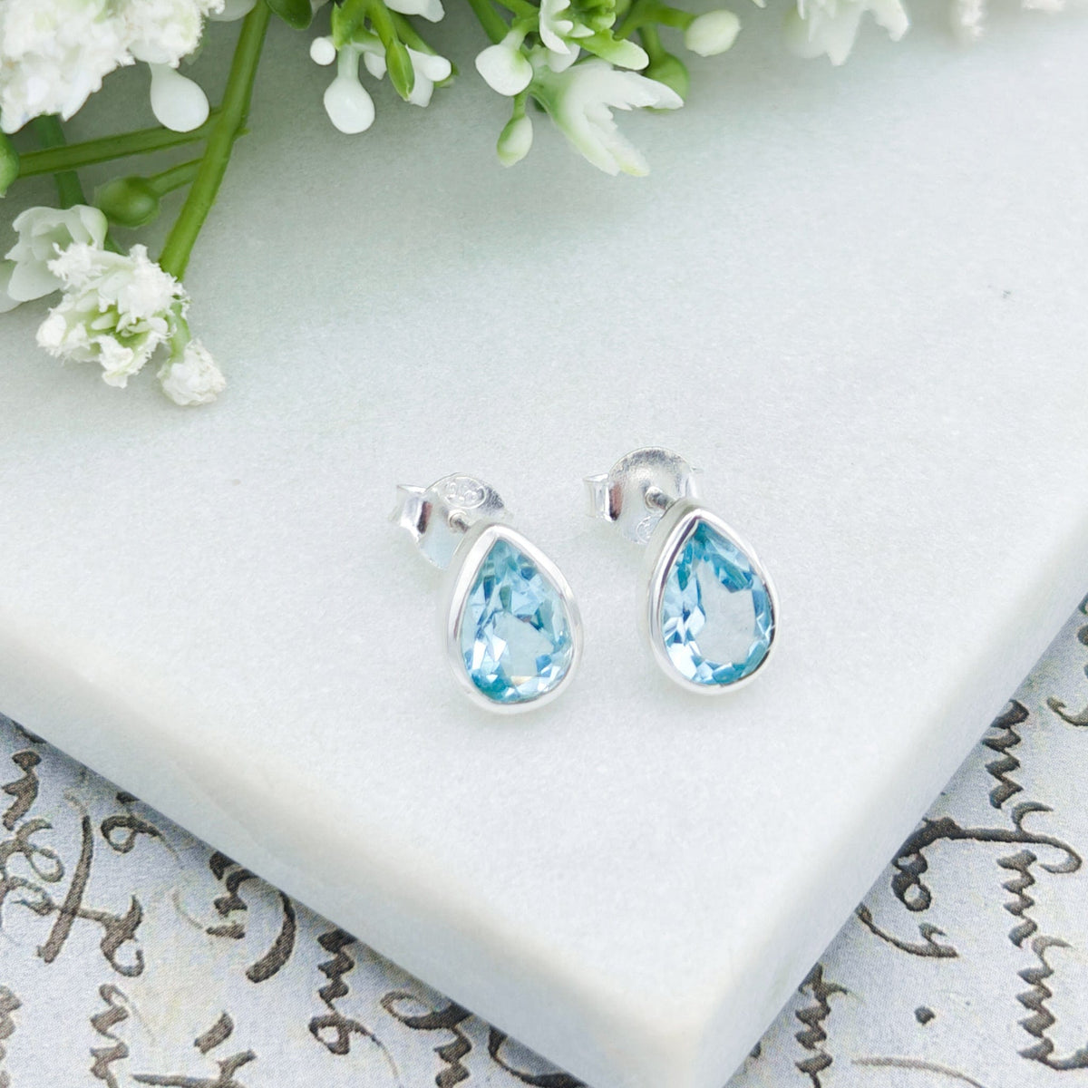 Blue Topaz Stud Earrings | 10mm Teardrop | November Birthstone  | Sterling Silver
