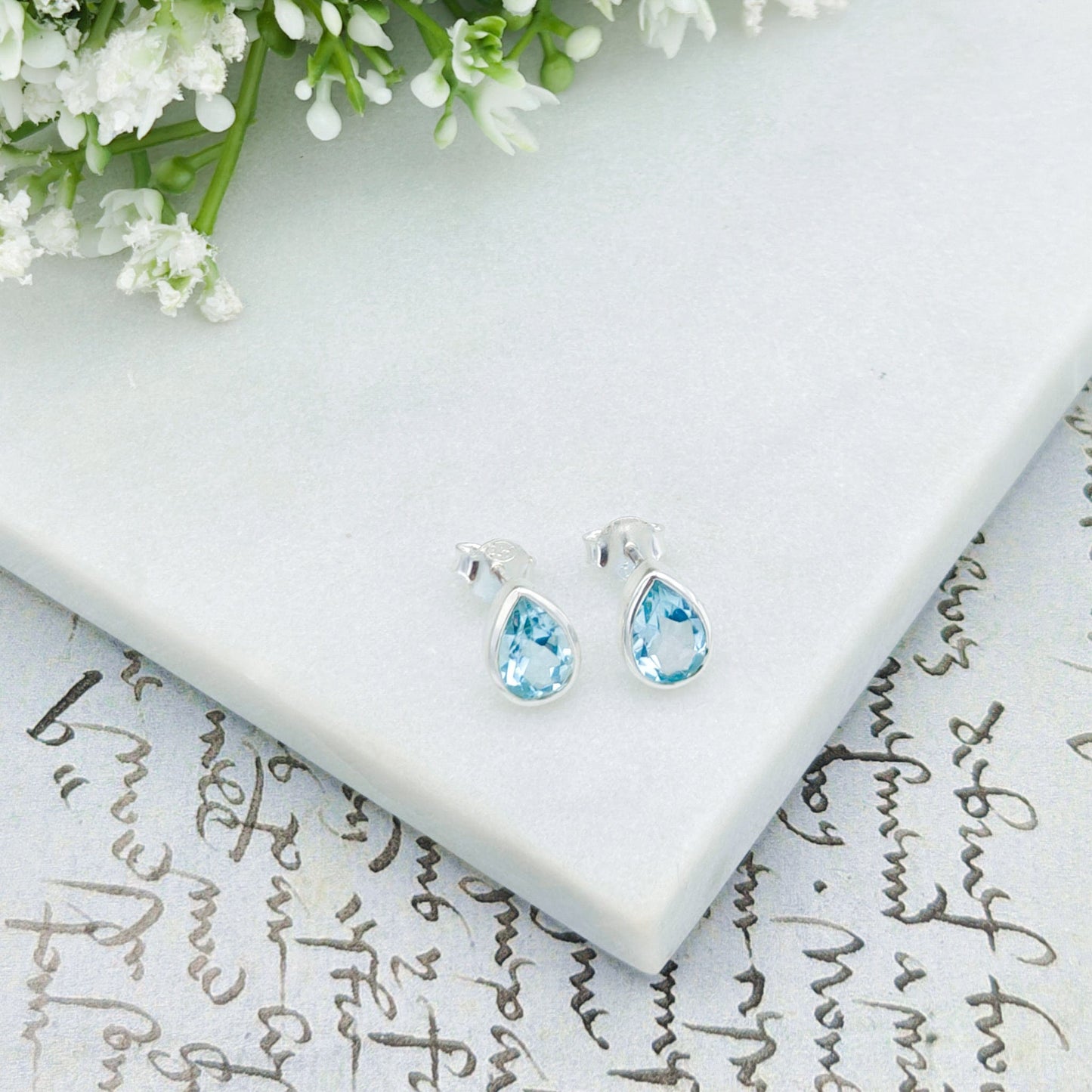 Blue Topaz Stud Earrings | 10mm Teardrop | November Birthstone  | Sterling Silver