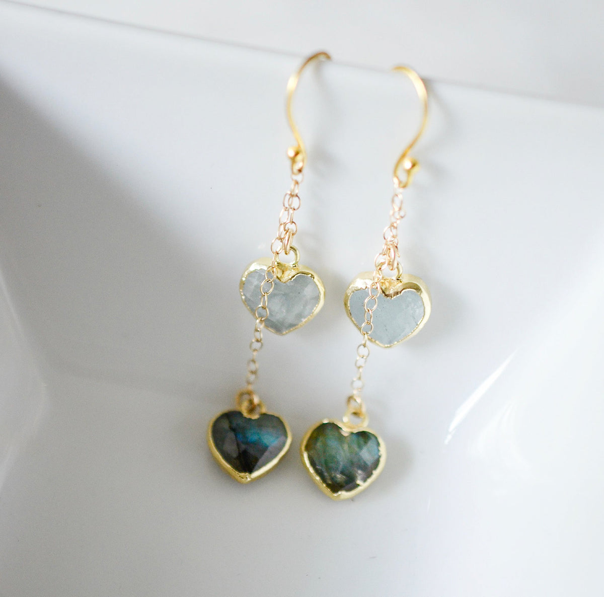 Duo Hearts Earrings: Labradorite & Aquamarine