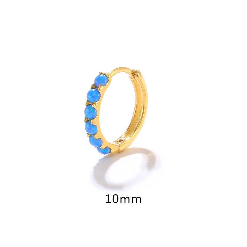 Round Blue & White Opal Huggie Hoop Earrings - 925 Sterling Silver Hypoallergenic Huggies