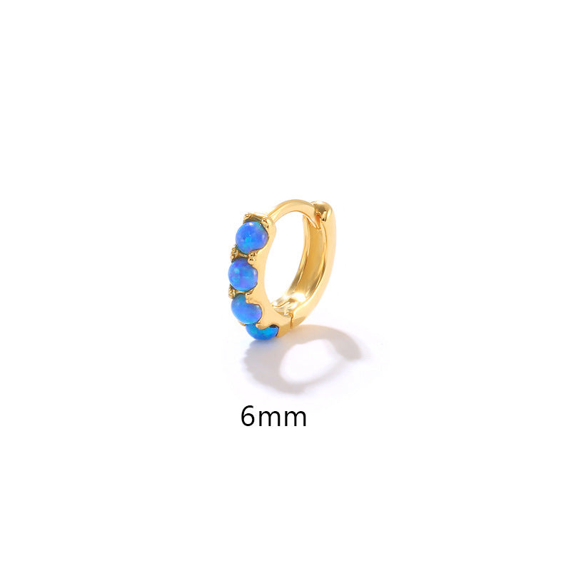 Round Blue & White Opal Huggie Hoop Earrings - 925 Sterling Silver Hypoallergenic Huggies
