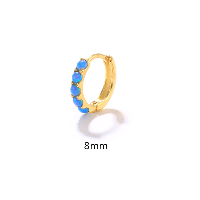 Round Blue & White Opal Huggie Hoop Earrings - 925 Sterling Silver Hypoallergenic Huggies