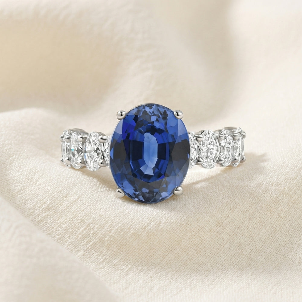 7 1/2Ct Oval Blue Sapphire Diamond Engagement Ring 14k Gold Lab Grown