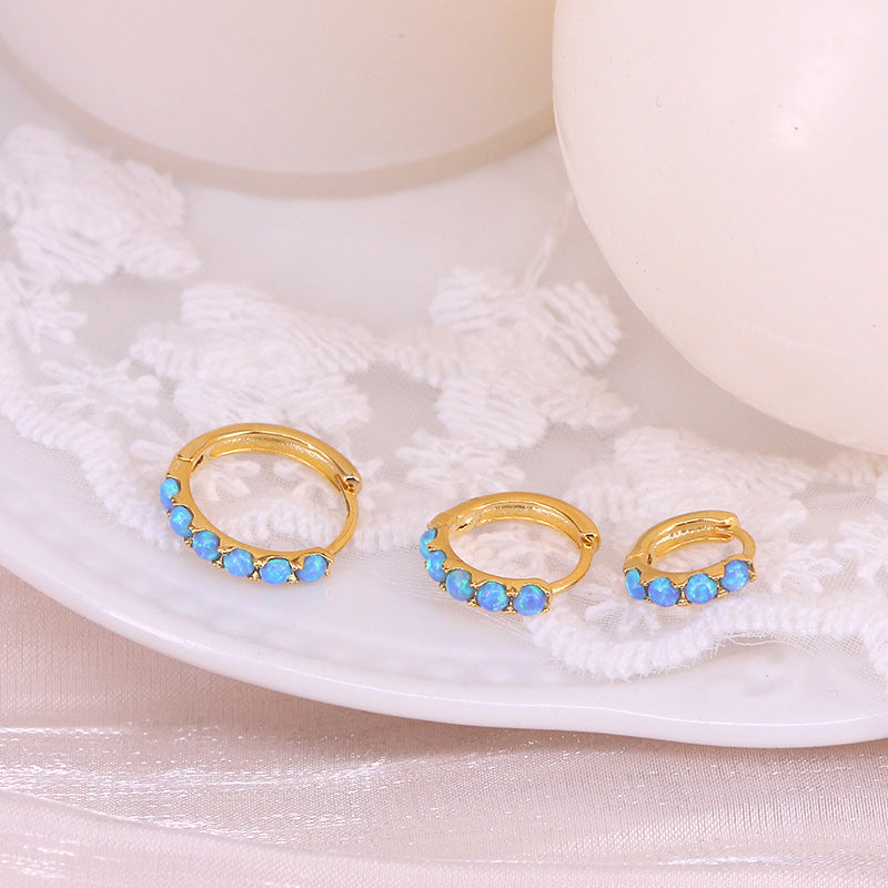 Round Blue & White Opal Huggie Hoop Earrings - 925 Sterling Silver Hypoallergenic Huggies