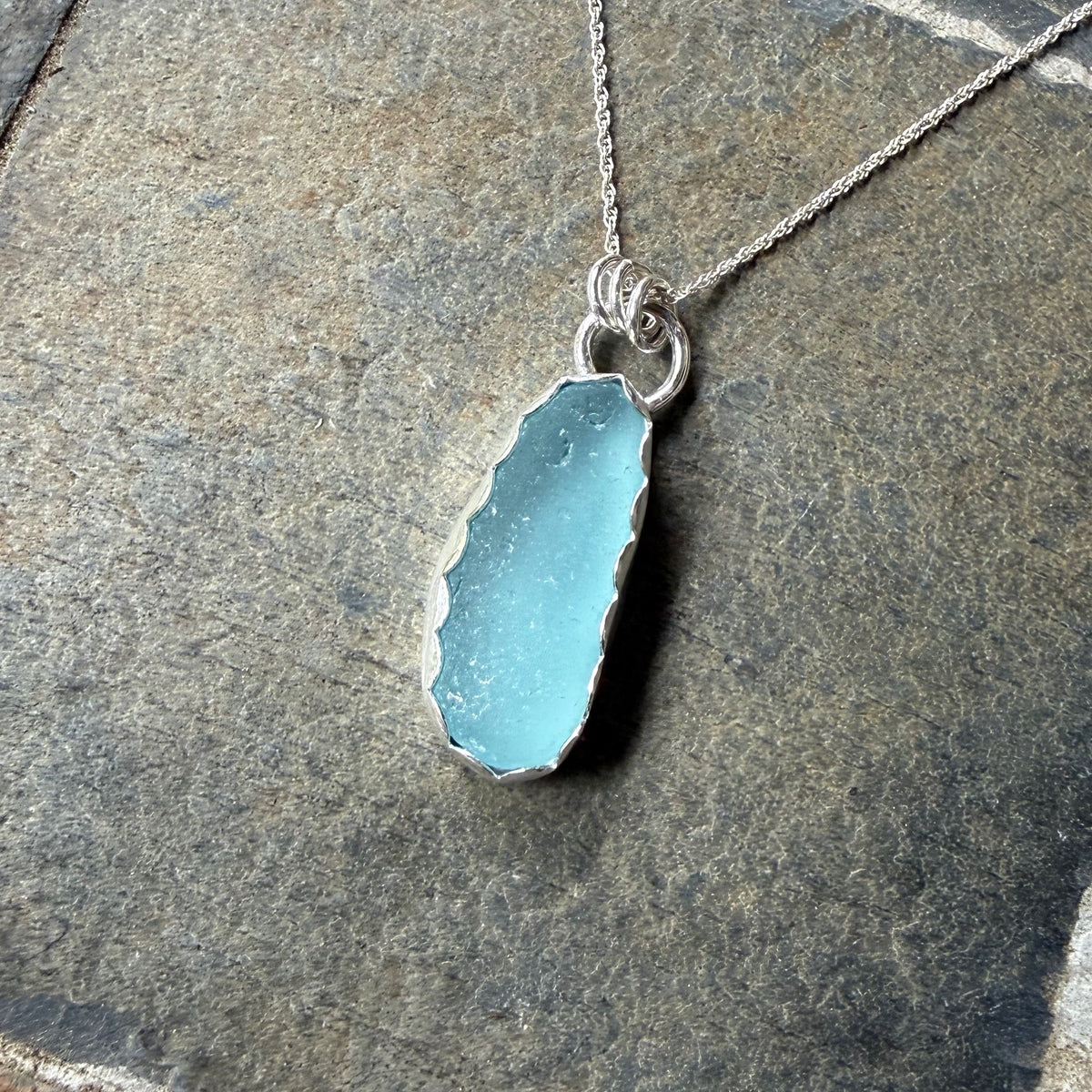Long Turquoise Blue Sea Glass Necklace • Handmade • Sterling Silver • Beach Jewelry for Her
