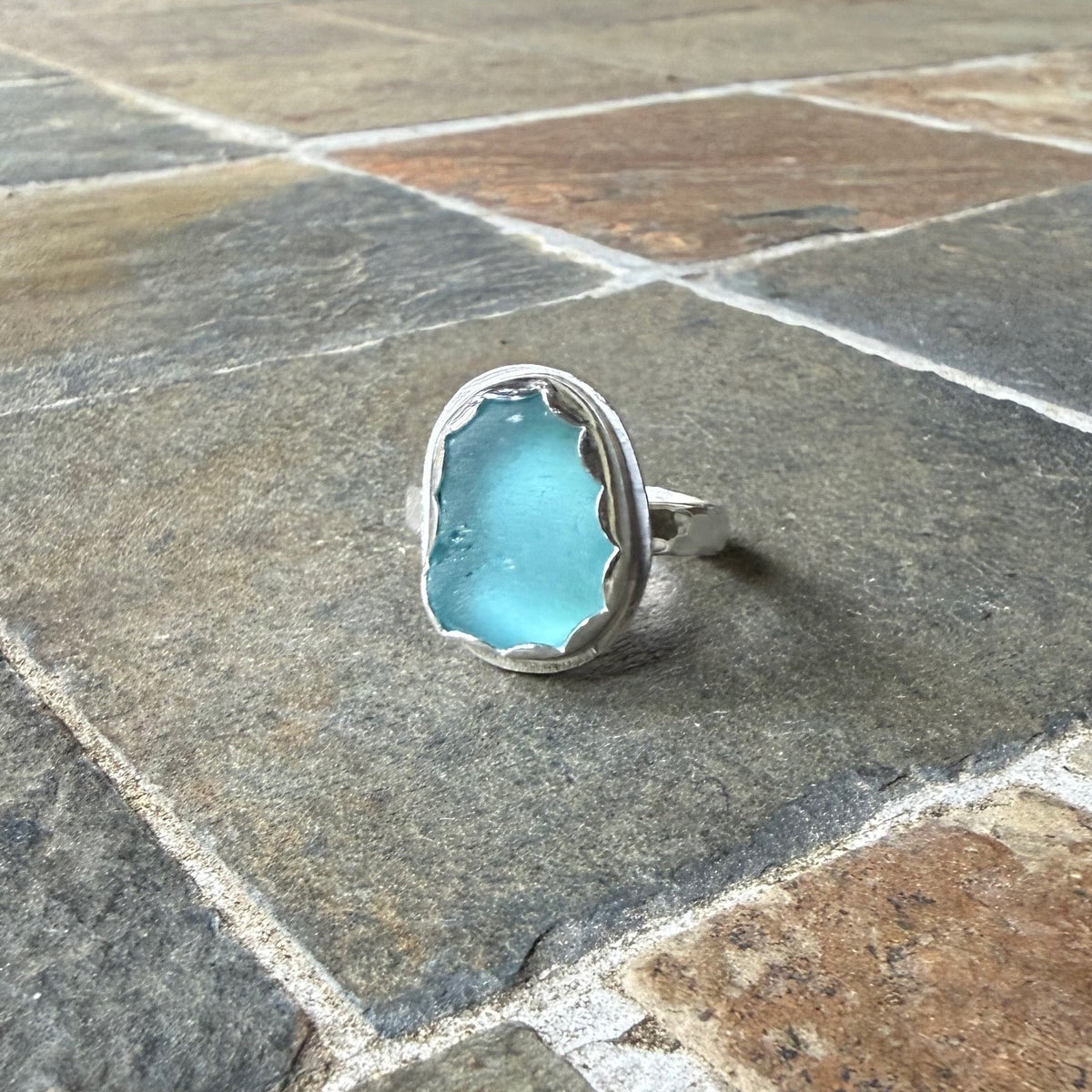 Turquoise Blue Sea Glass Ring • Handmade • Sterling Silver • Beach Jewelry for Woman