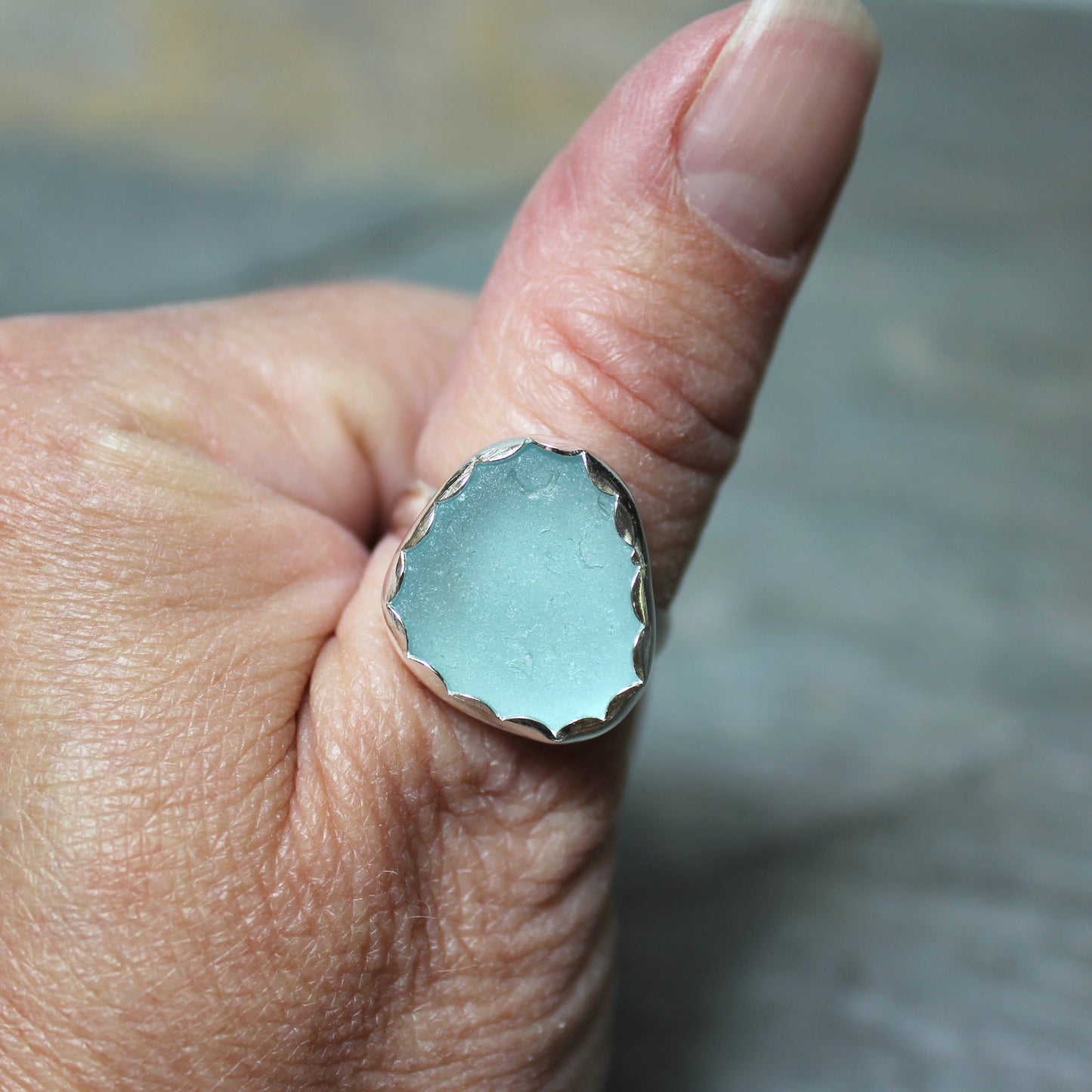 Big Turquoise Blue Sea Glass Ring • Handmade • Sterling Silver • Beach Jewelry • Size 10