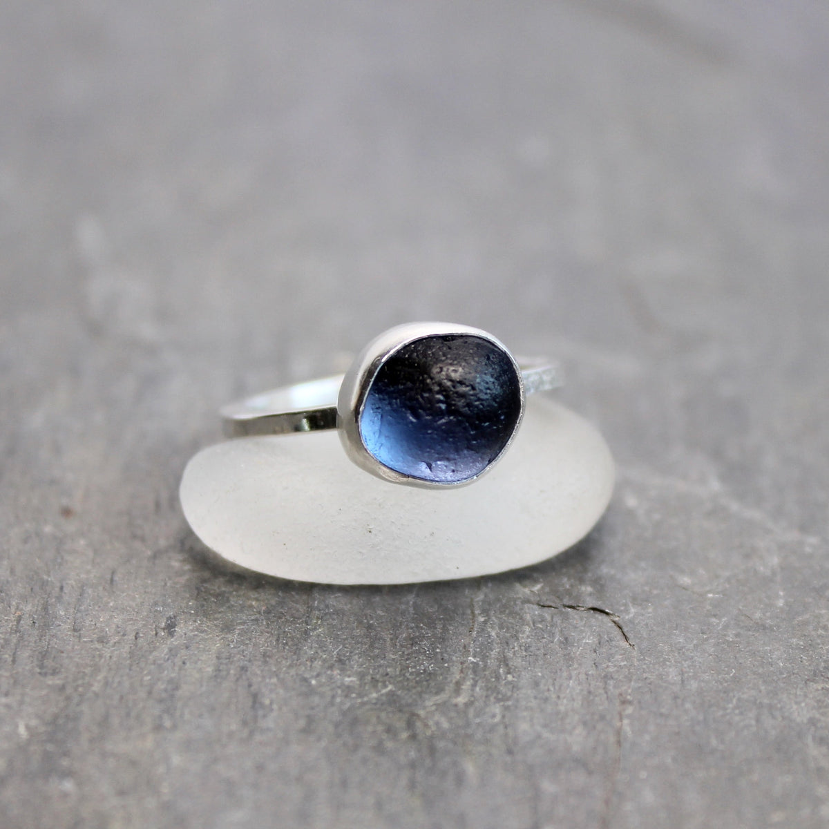 Rare Blue Striped Sea Glass Ring | Sterling Silver | Handmade | Size 9