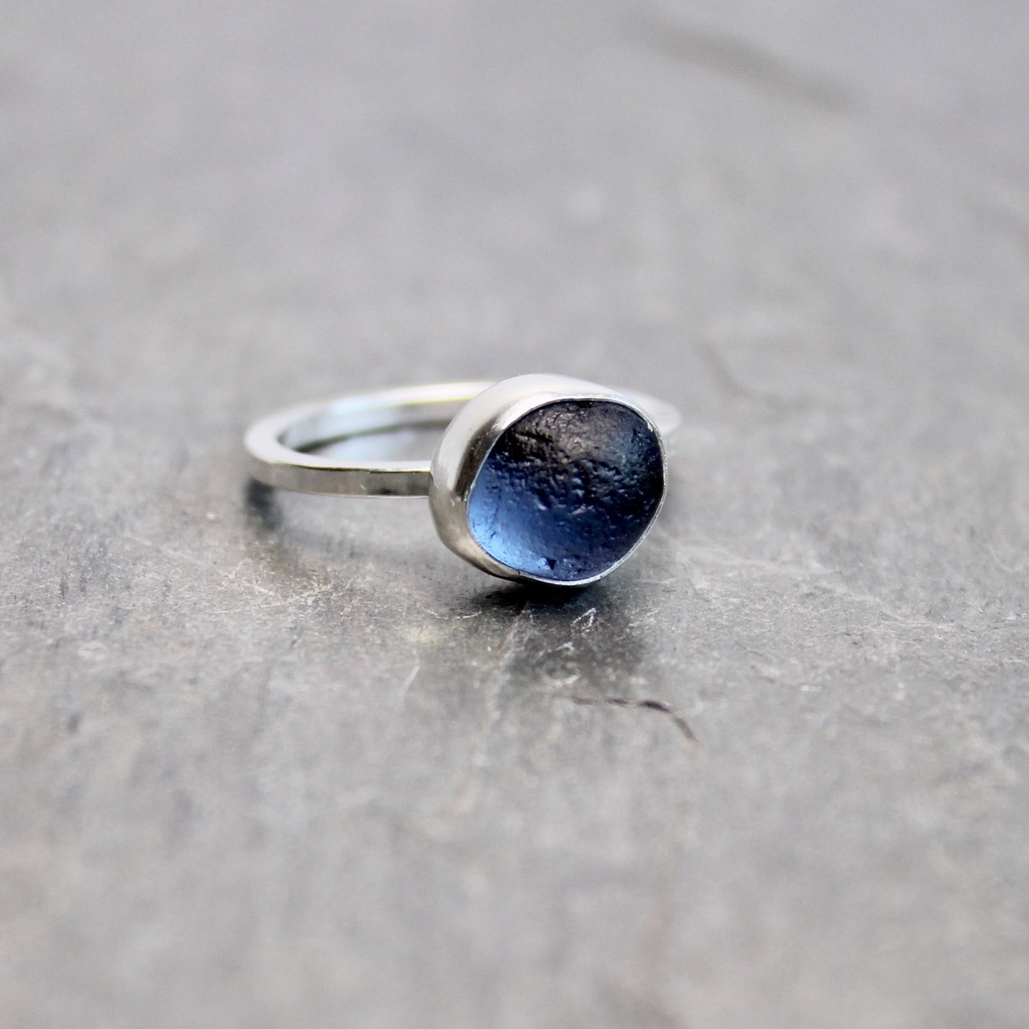 Rare Blue Striped Sea Glass Ring | Sterling Silver | Handmade | Size 9