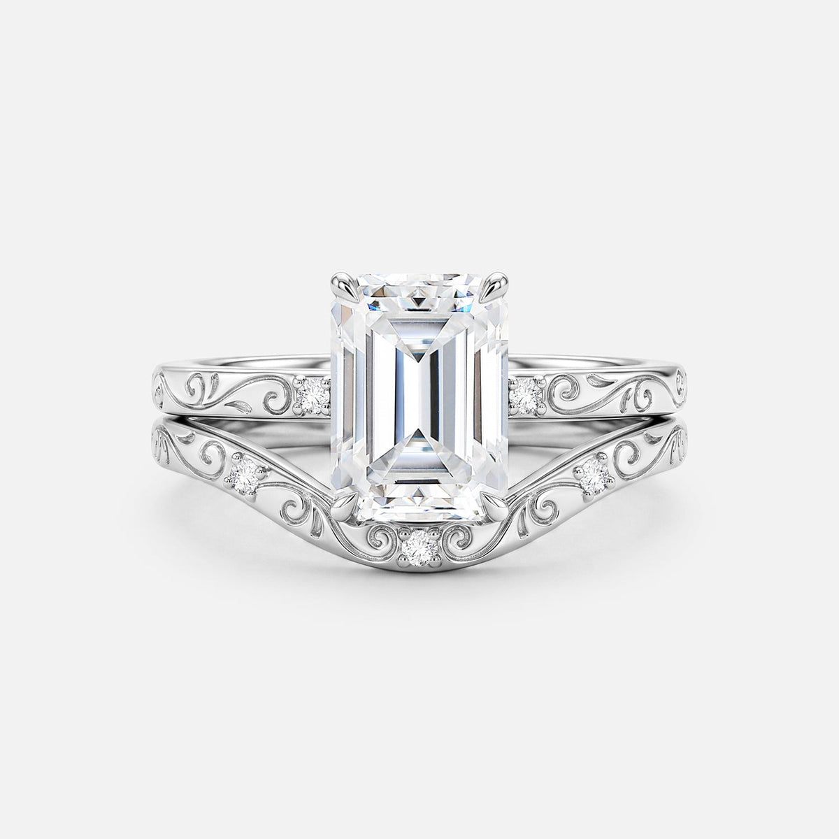 Emerald Cut Engraved Lab Grown Diamond Vintage Ring Set 2pcs - Lyric