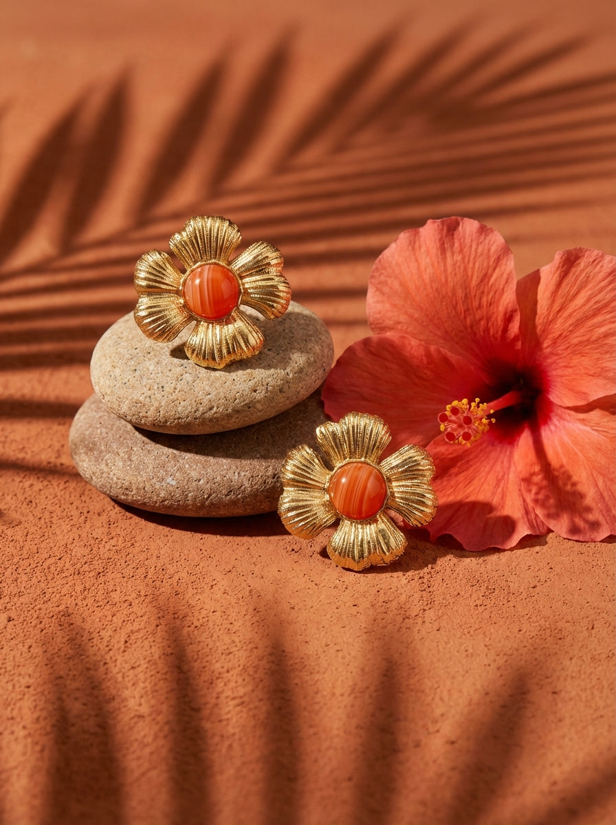 Boucles d'Oreilles HIBISCUS - Fleur Hibiscus Dorée Pierre Naturelle - Univers Tropical Plaqué Or 18K