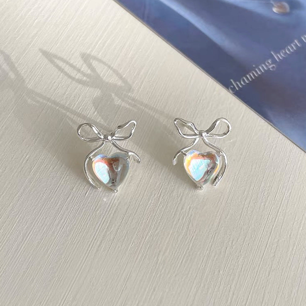 Iridescent Heart & Bow Stud Moonstone Earrings