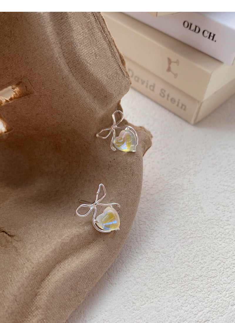 Iridescent Heart & Bow Stud Moonstone Earrings