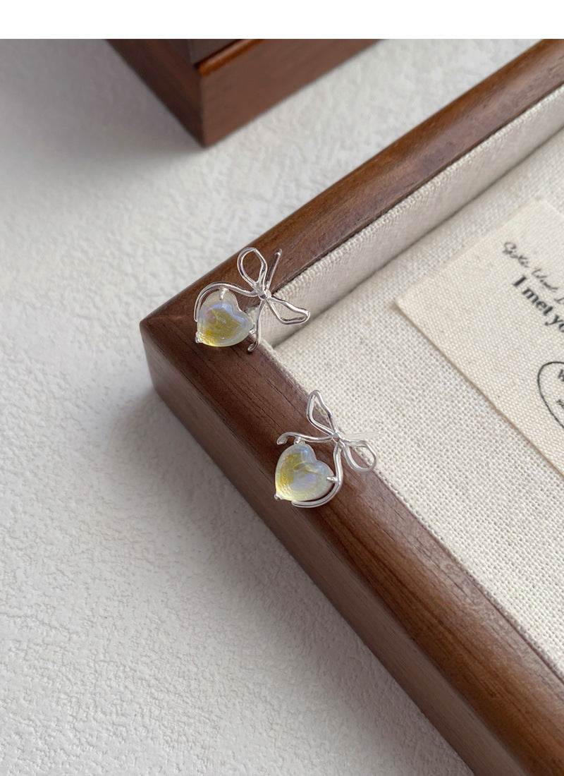 Iridescent Heart & Bow Stud Moonstone Earrings
