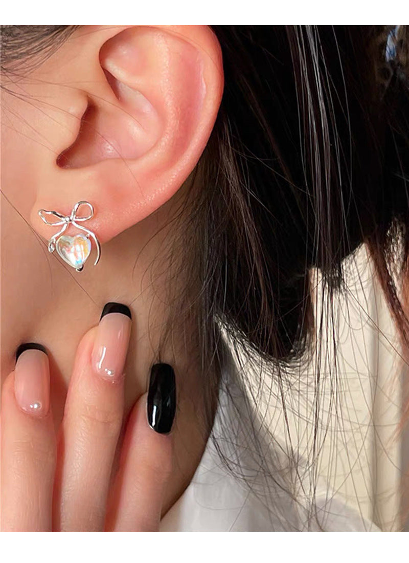 Iridescent Heart & Bow Stud Moonstone Earrings