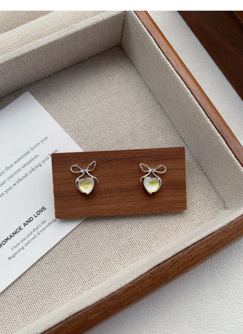 Iridescent Heart & Bow Stud Moonstone Earrings