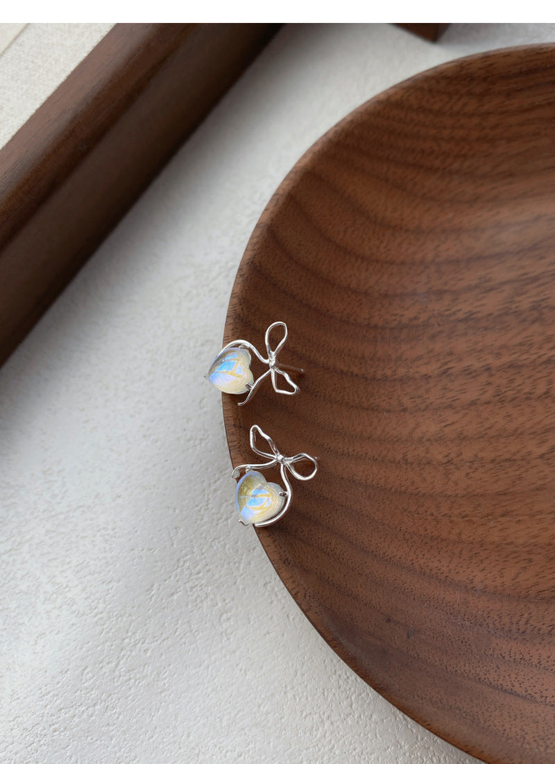 Iridescent Heart & Bow Stud Moonstone Earrings