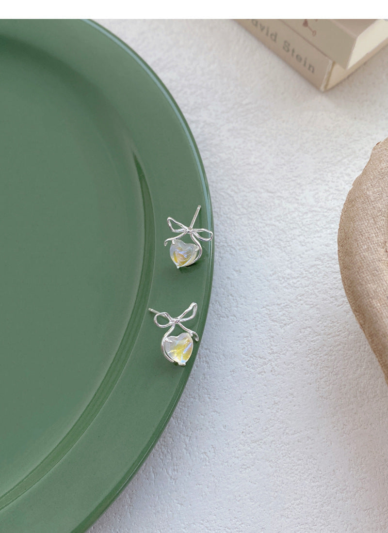 Iridescent Heart & Bow Stud Moonstone Earrings