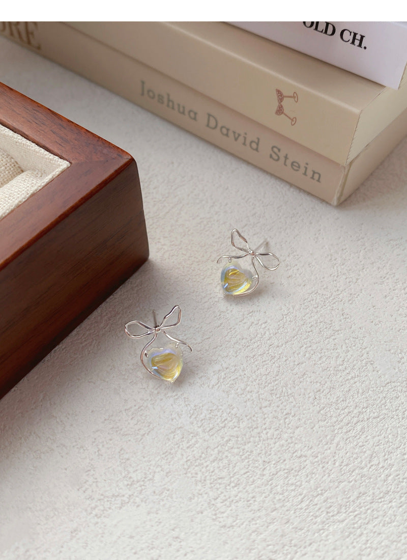 Iridescent Heart & Bow Stud Moonstone Earrings