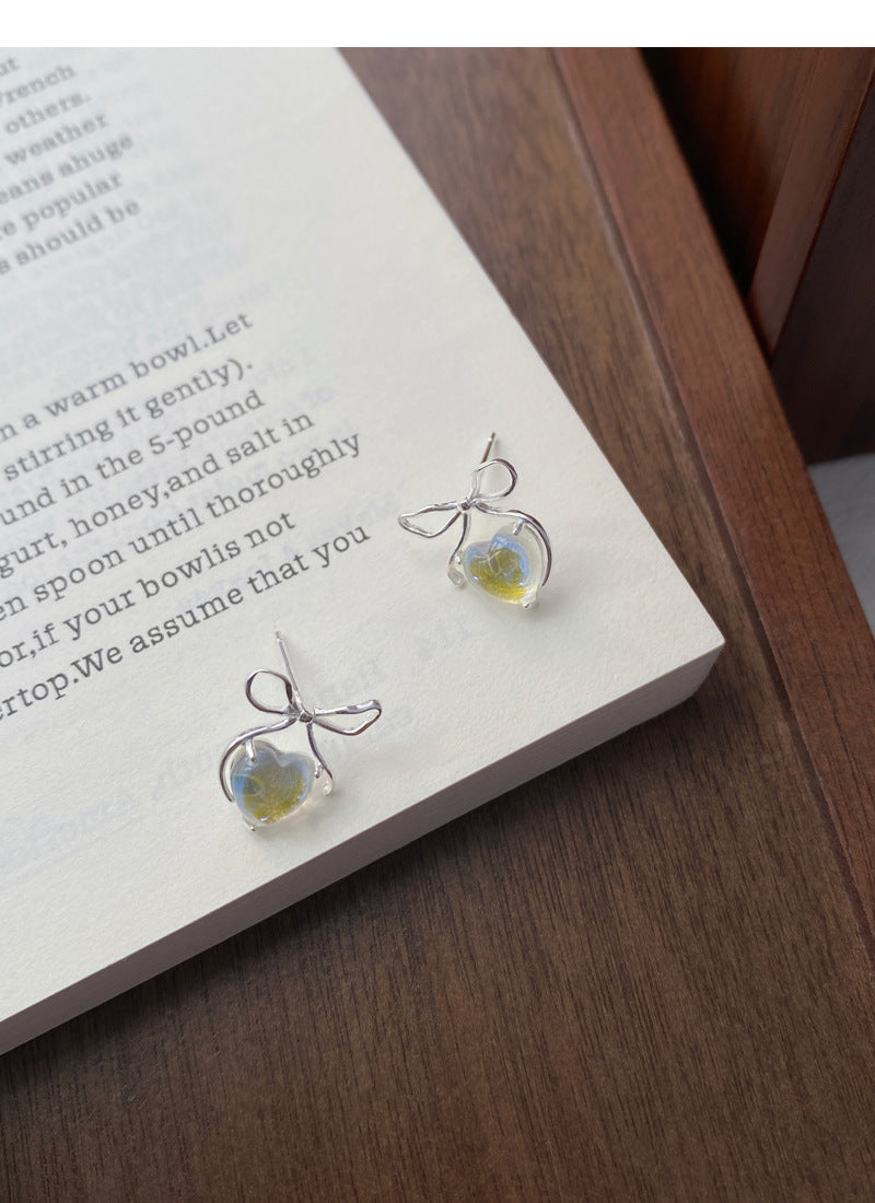 Iridescent Heart & Bow Stud Moonstone Earrings