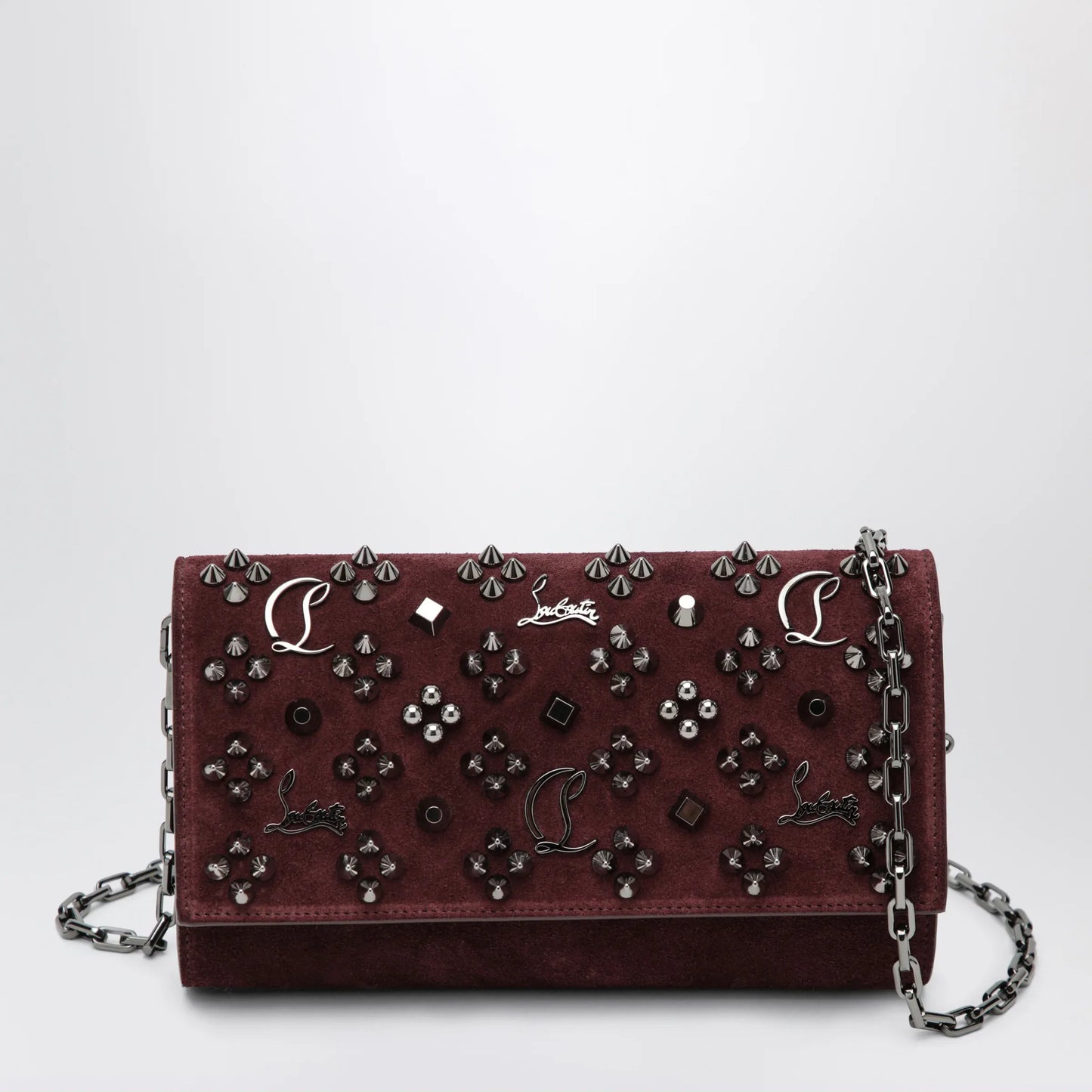 Christian Louboutin - Paloma studded suede wallet on chain Burgundy