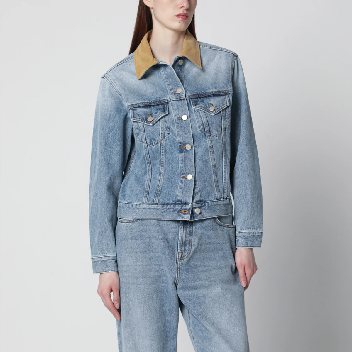 Róhe - Blue denim jacket with suede collar