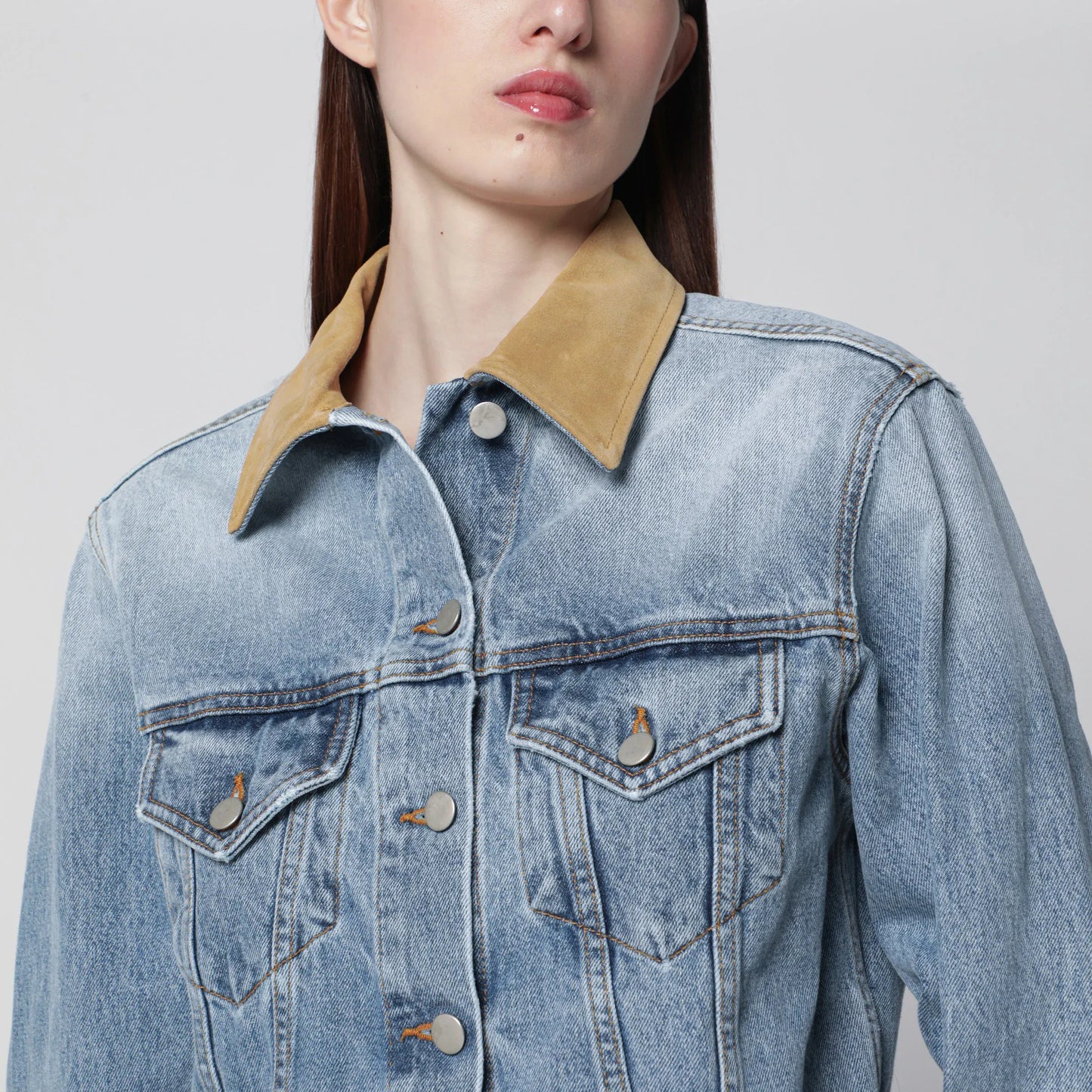 Róhe - Blue denim jacket with suede collar