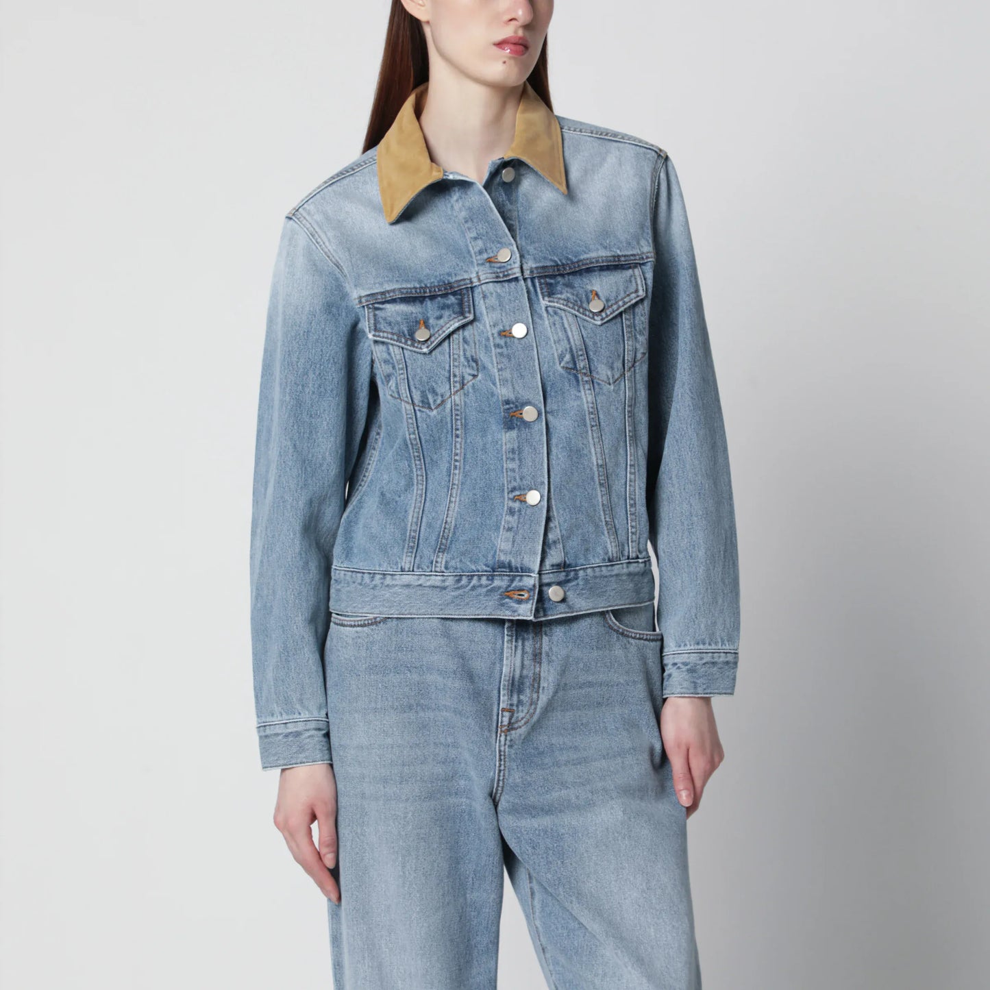 Róhe - Blue denim jacket with suede collar