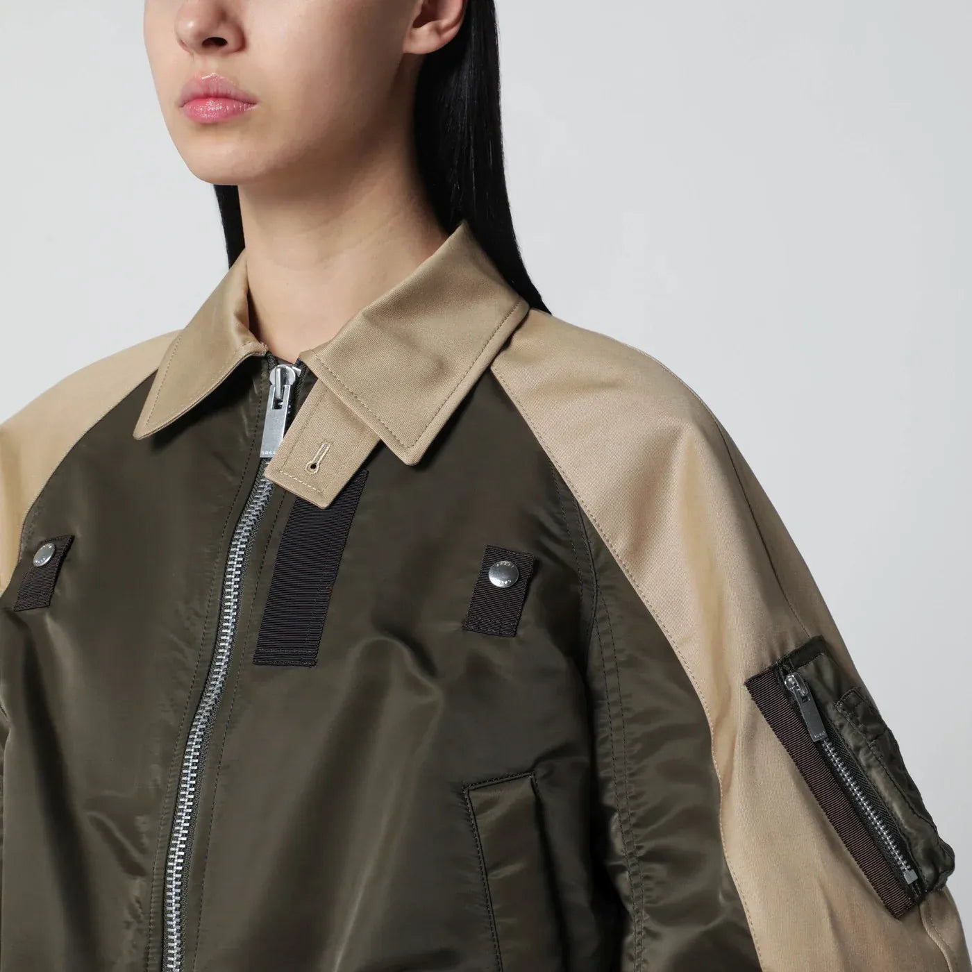 Sacai - Khaki green/beige nylon zip jacket