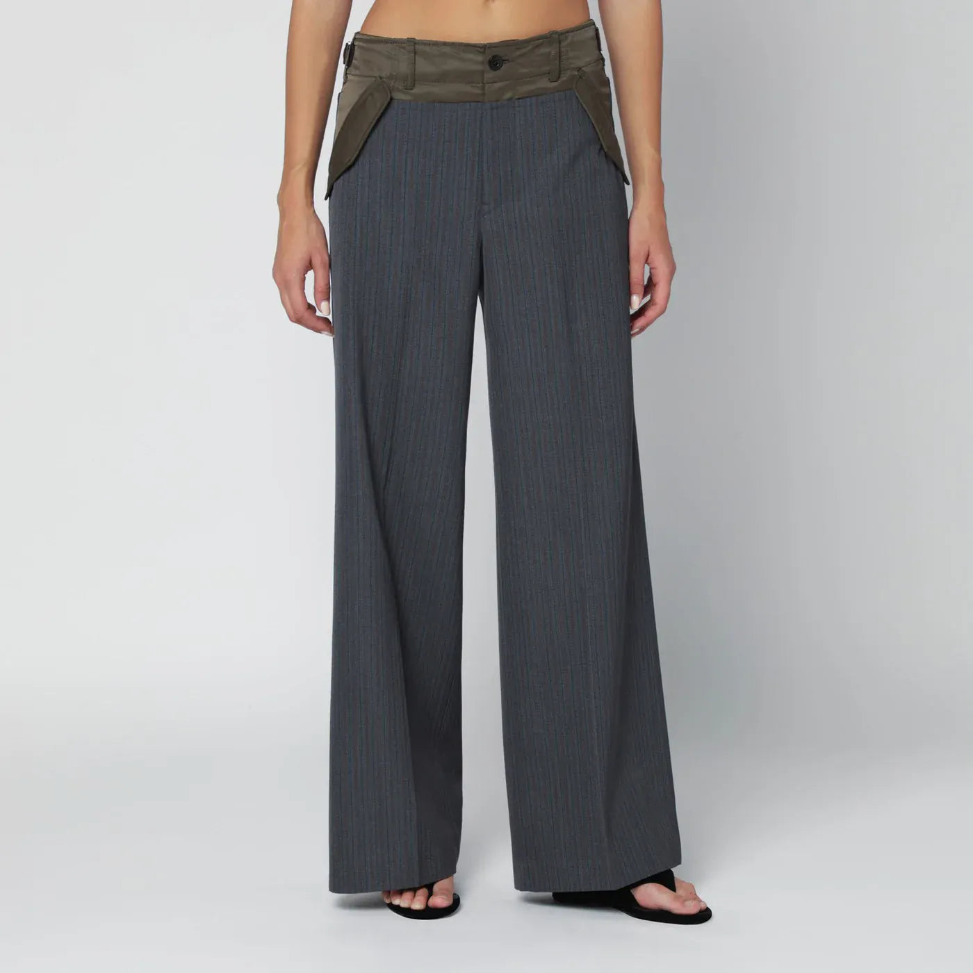 Sacai - Grey/khaki pinstripe bi-material trousers