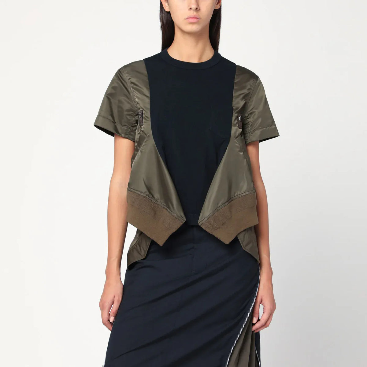 Sacai - Navy/kaki cotton and nylon T-shirt