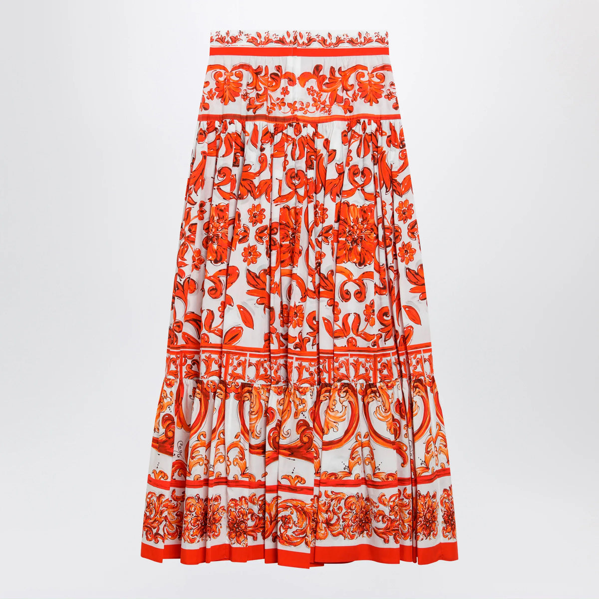 Dolce&Gabbana - Long Maiolica-print cotton poplin skirt in orange
