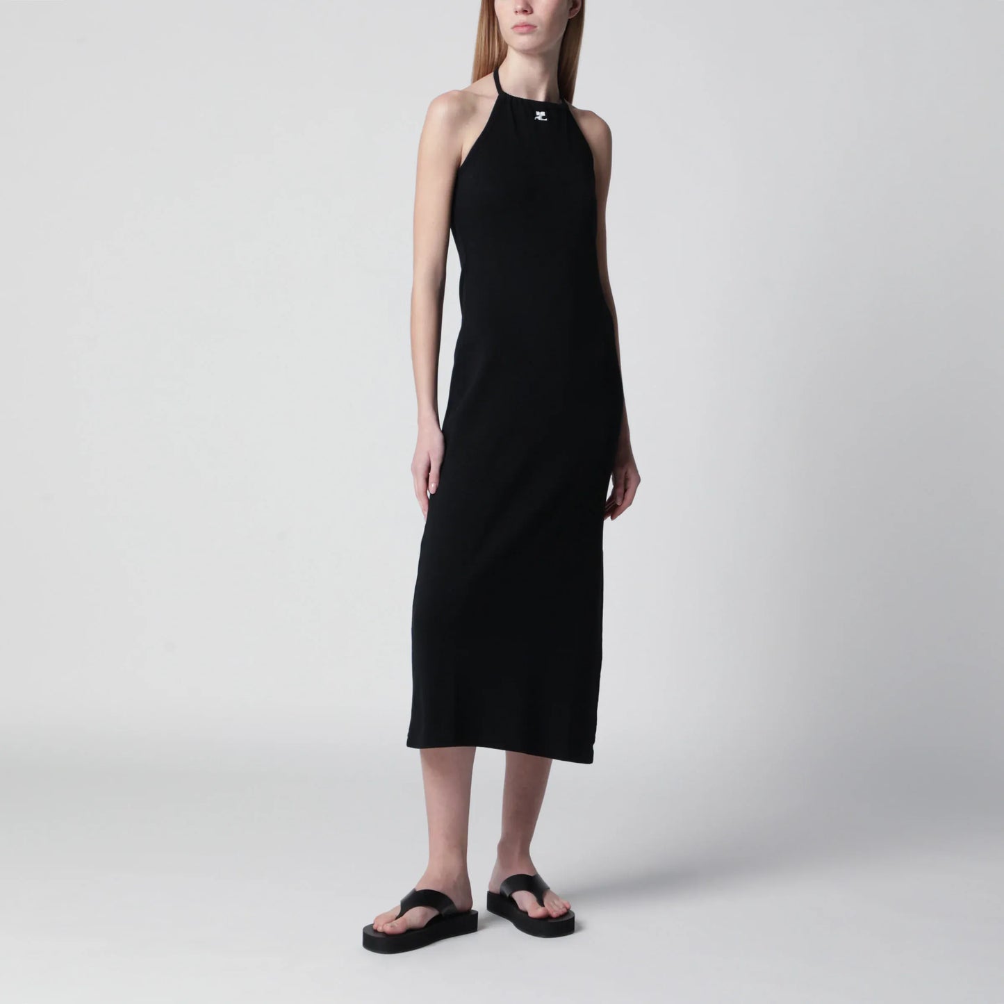 Courrèges - Long halterneck jersey dress in cotton, black