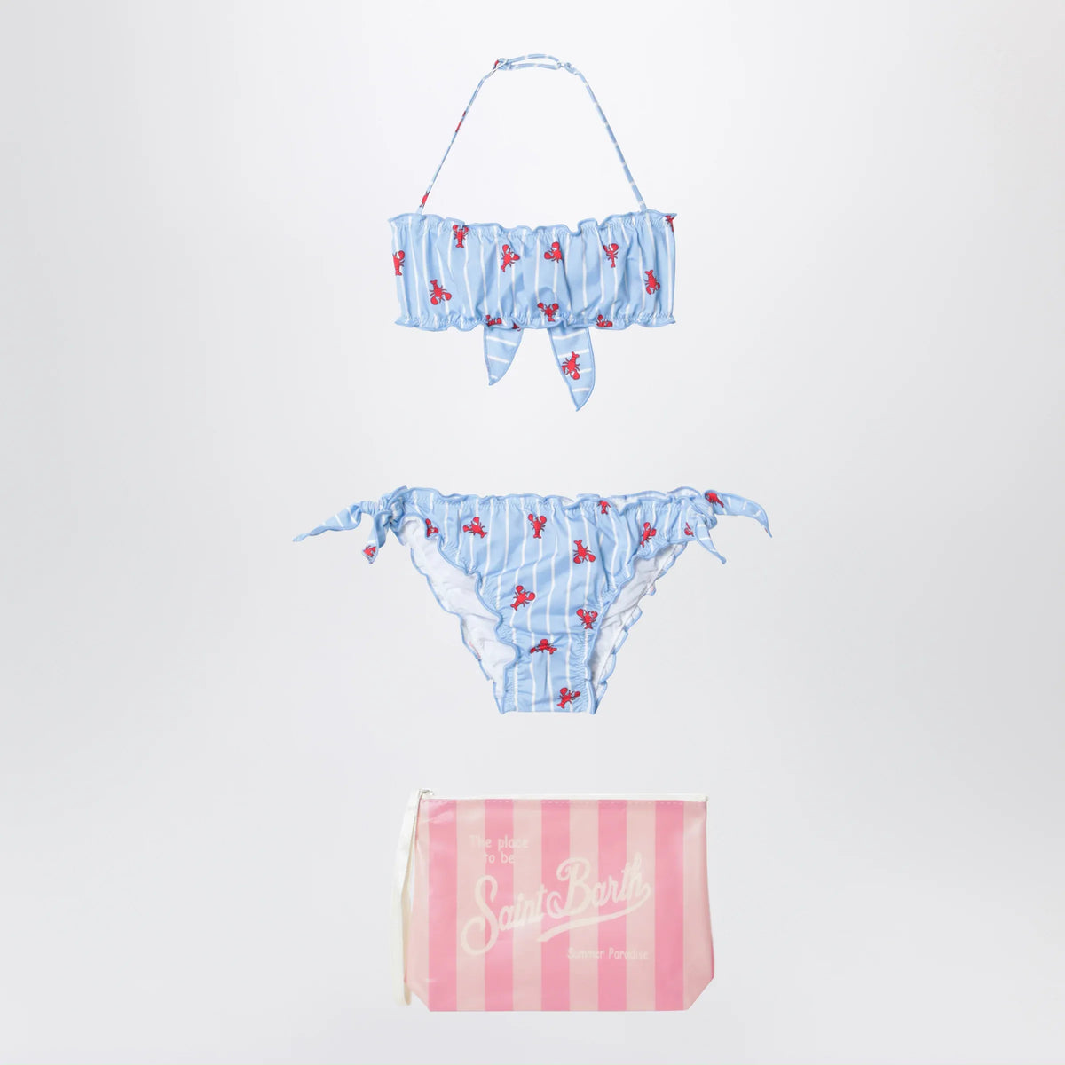 MC2 Saint Barth - Light blue striped bikini with little crabs and pouch