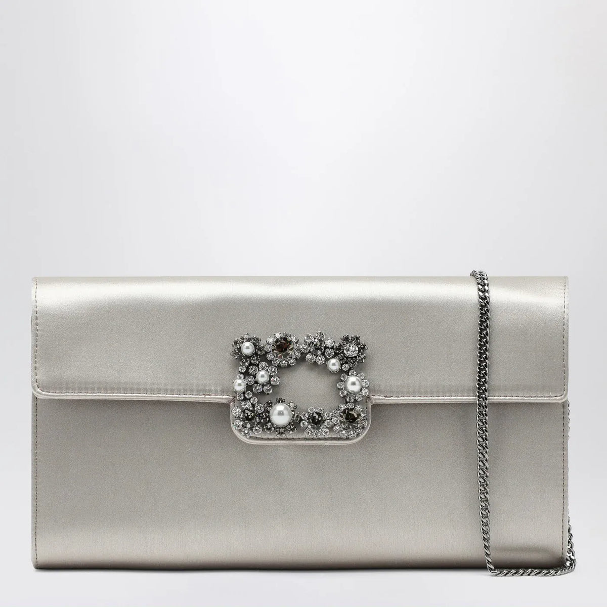 ROGER VIVIER - Pearl grey satin clutch bag with buckle