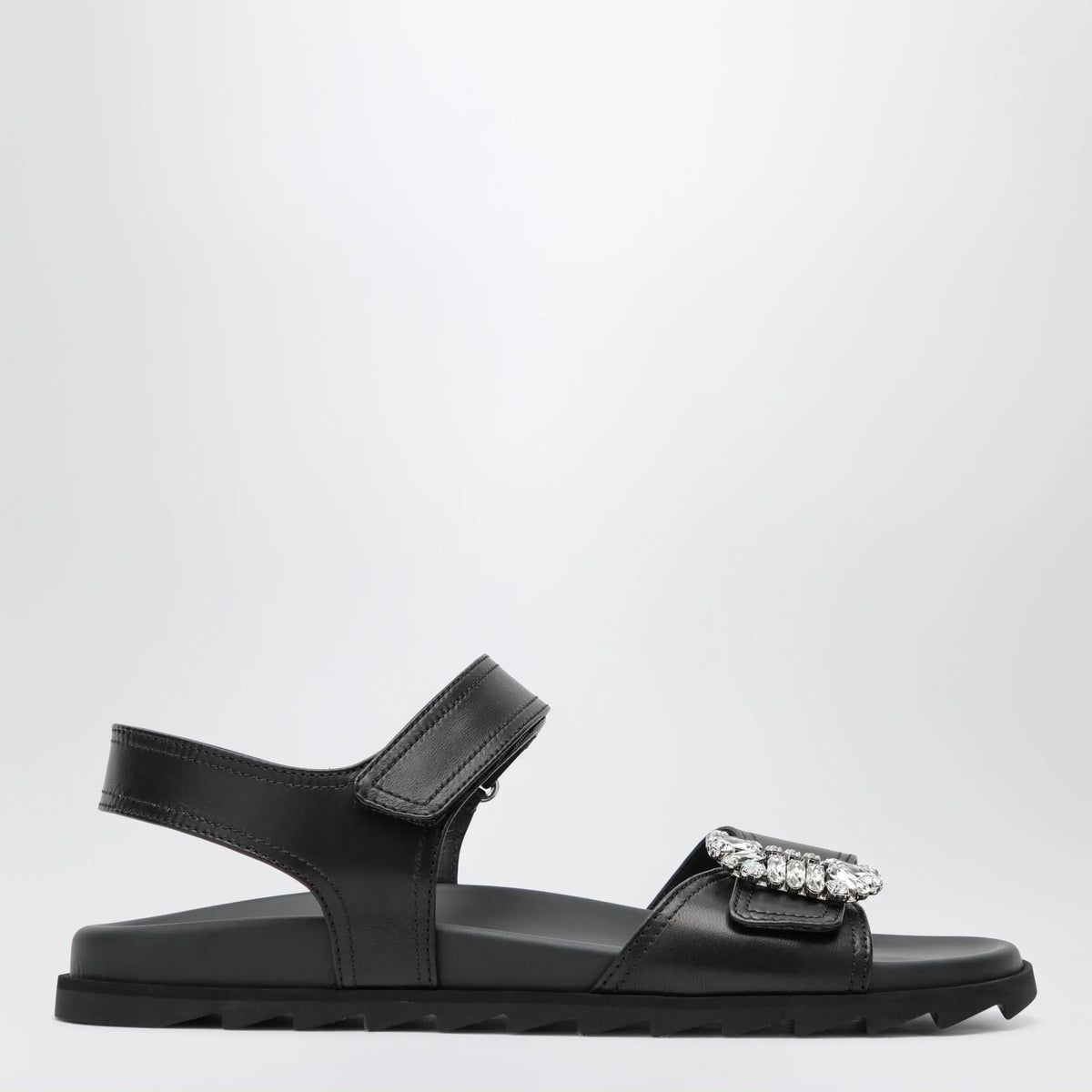ROGER VIVIER - Black leather sandals with crystal buckle
