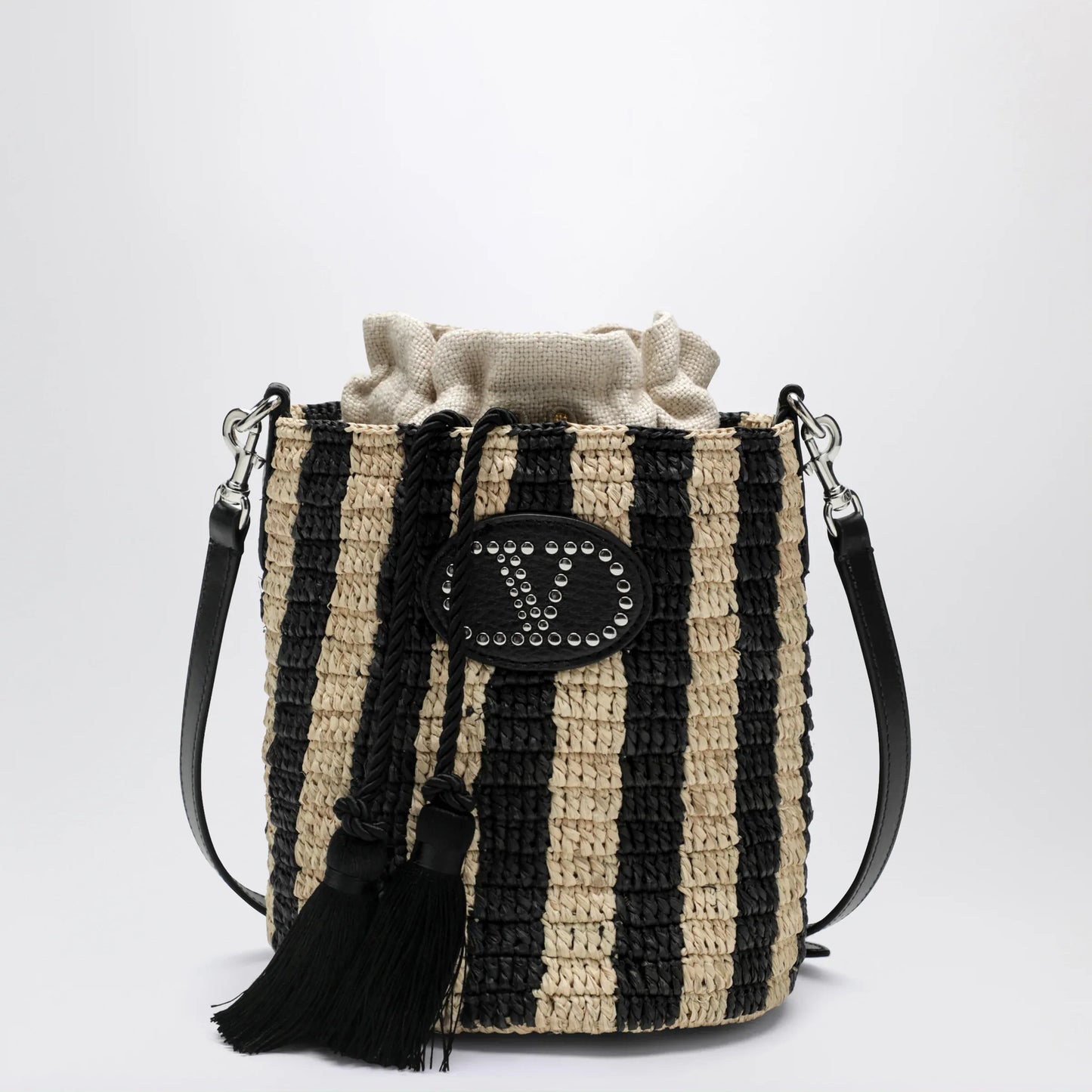 Valentino Garavani - Small bucket bag in raffia with beige and black stripes