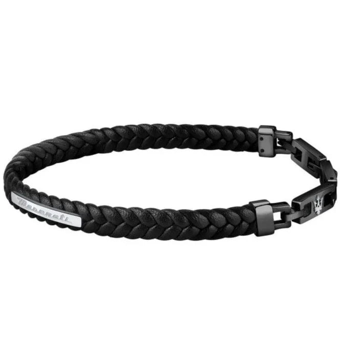 Maserati Jewels Black Leather Bracelet Silver Logo