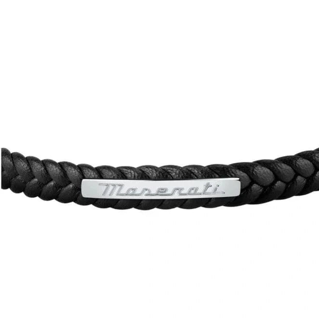 Maserati Jewels Black Leather Bracelet Silver Logo