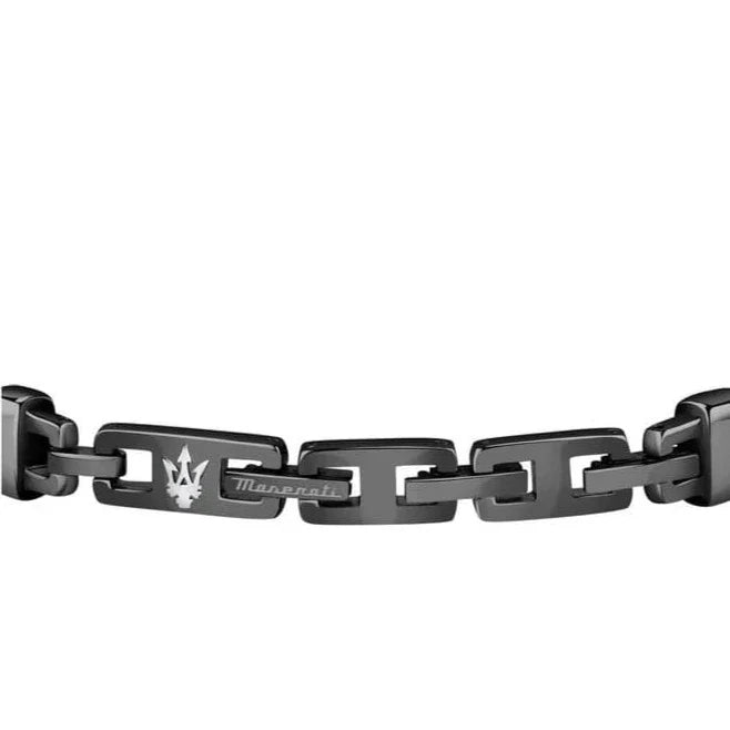 Maserati Jewels Black Leather Bracelet Silver Logo