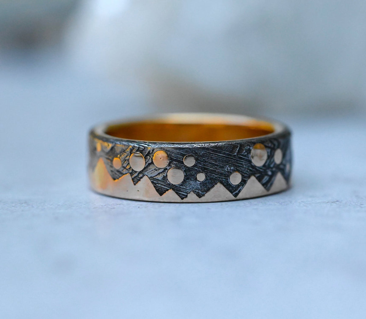Meteorite & 14k Gold Zag Dot Ring - Made To Order