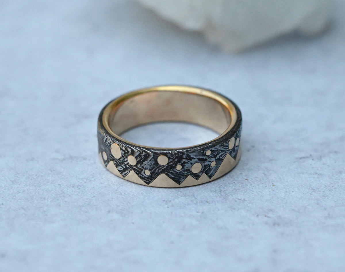 Meteorite & 14k Gold Zag Dot Ring - Made To Order