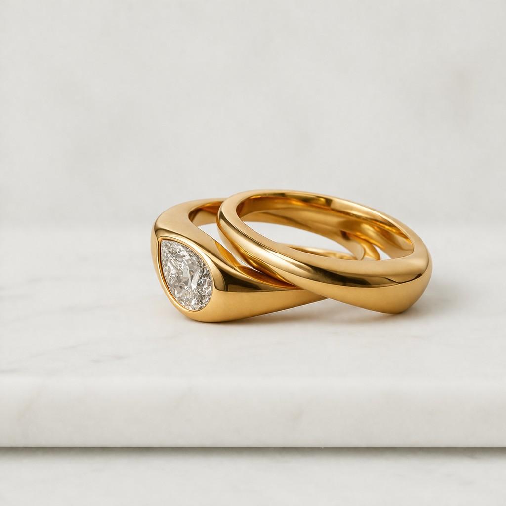 Pear Cut Lab Grown Diamond Bypass Engagement Ring Set in 14K Yellow Gold