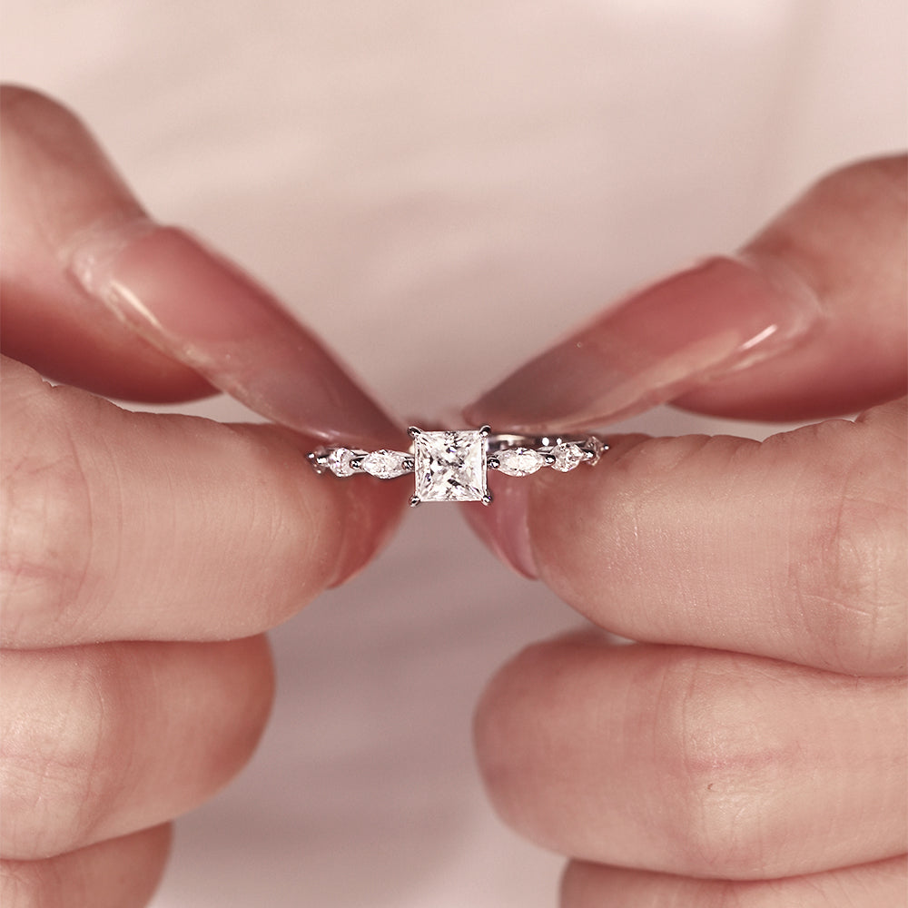 1.1CT Princess Cut Moissanite Engagement Ring with Marquise Side Stones