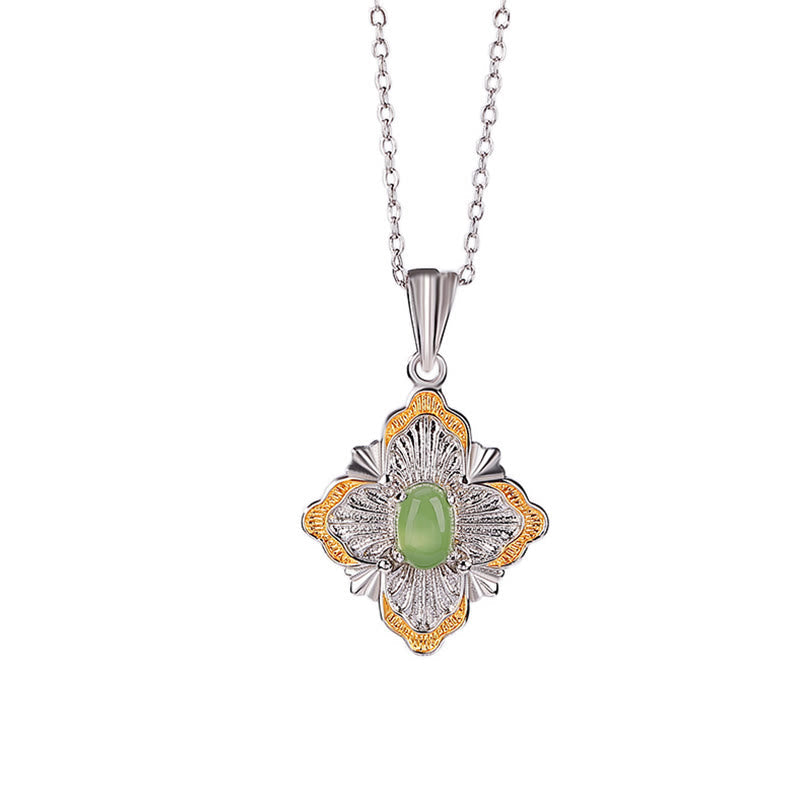 Fortune Jewel 925 Sterling Silver Plated Gold Hetian Cyan Jade Rhombus Design Luck Healing Necklace Pendant