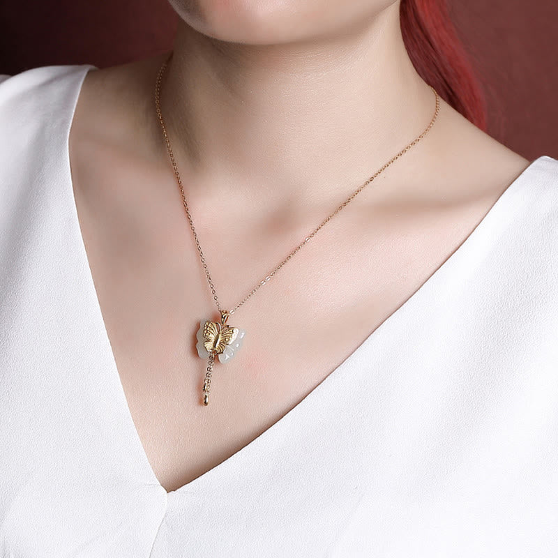Fortune Jewel 925 Sterling Silver Plated Gold Hetian White Jade Butterfly Blessing Necklace Pendant