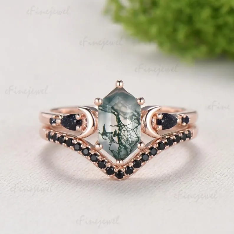Long Hexagon Moss Agate Engagement Ring, Crescent Moon Blue Sandstone Band, Celestial Jewelry, Unique 14K Rose Gold Wedding Ring Set