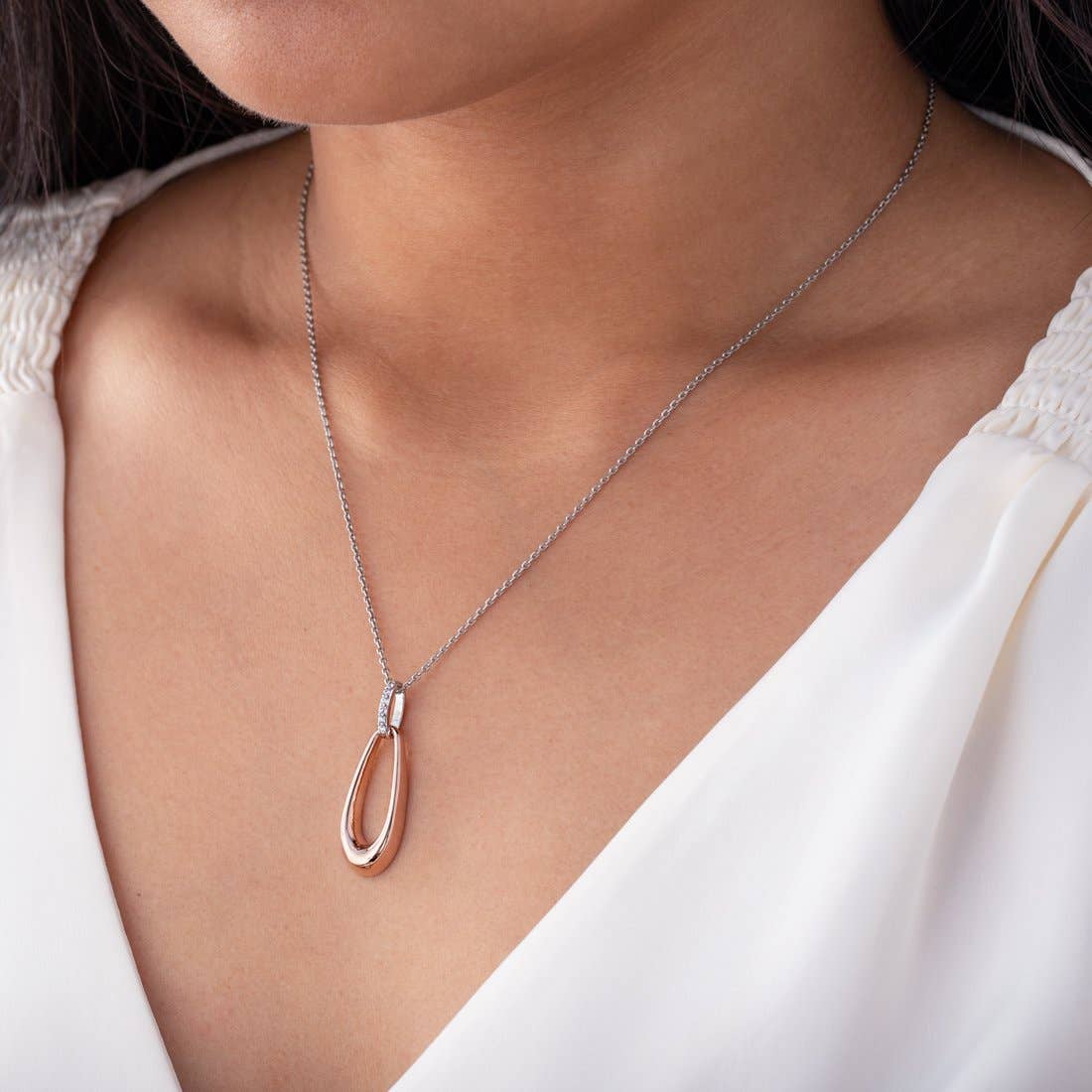 Rose-Tone Sterling Silver Organic Open Teardrop Pendant & 925 Sterling silver necklace